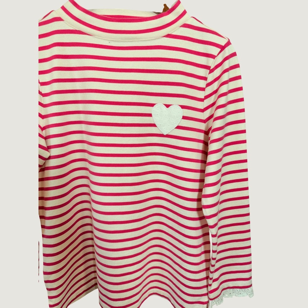 Talbots Pink White Striped Mock Neck Heart Eyelet Lace Long Sleeve Top Small - Picture 7 of 8